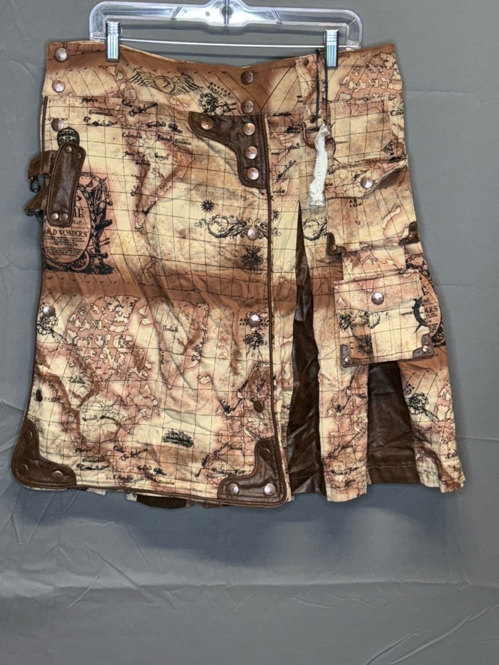 Lip Service Map of the World Pleated Cargo Kilt, Steampunk, Traveler, Goth, Punk - Picture 2 of 11